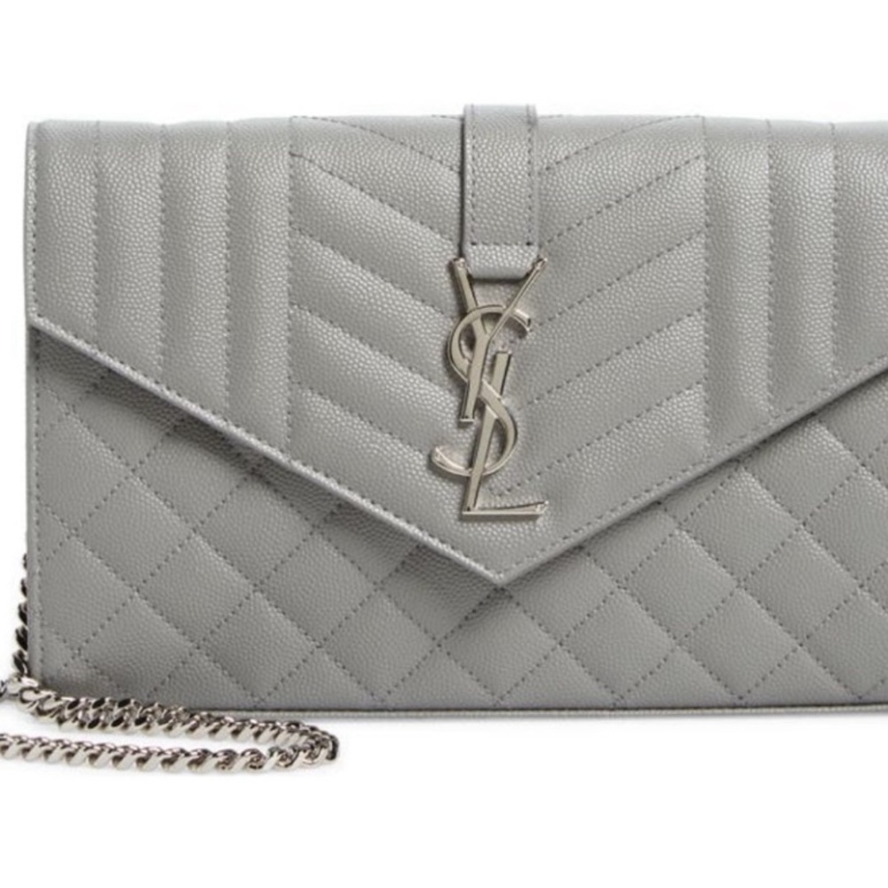 NWOT Saint Laurent Monogram Matelassé Leather Wallet on a Chain in Stone Grey